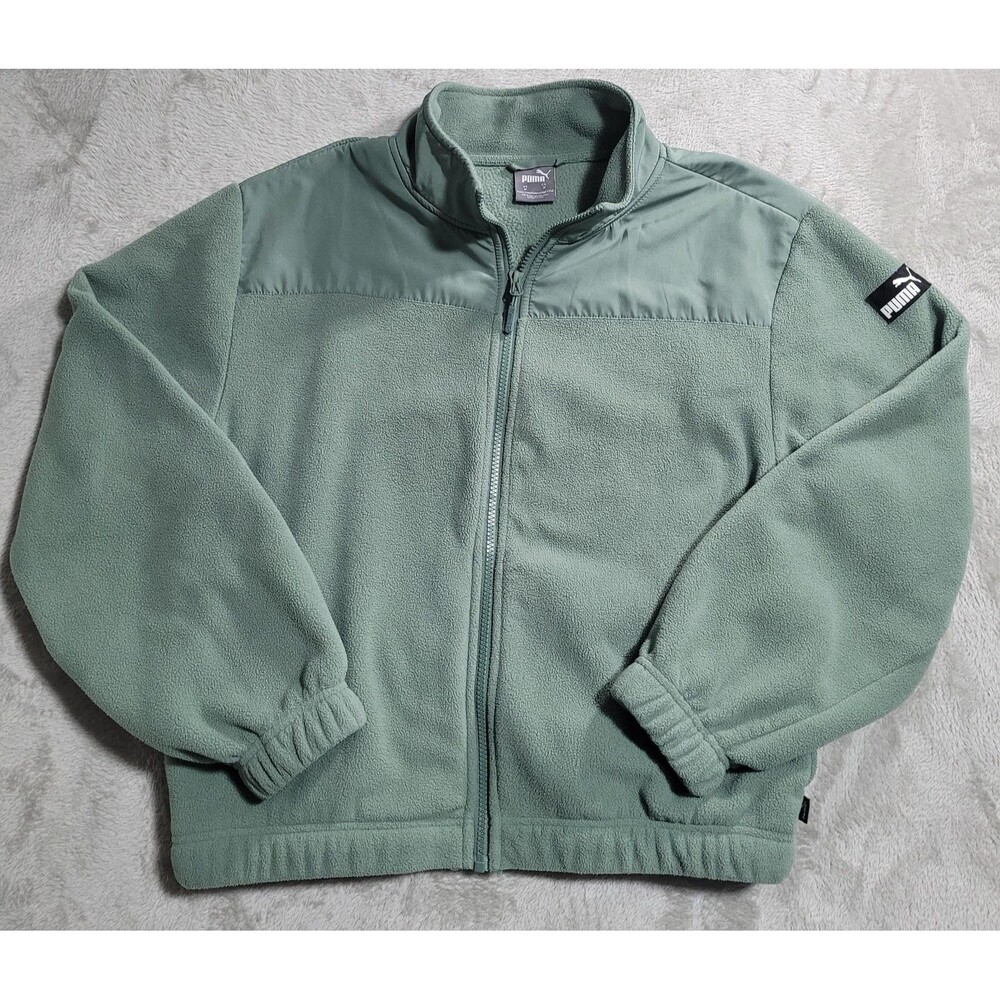Puma Fleece Jacket Mens Medium Green Full Zip Stand Collar Elastic Hem Cuffs